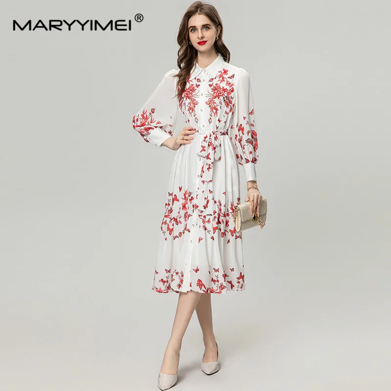 MARYYIMEI Fashion Women's Shirt Collar Lantern Long-Sleeved Single-Breasted Diamond Lace-Up Butterfly Printed Elegant MIDI Dress