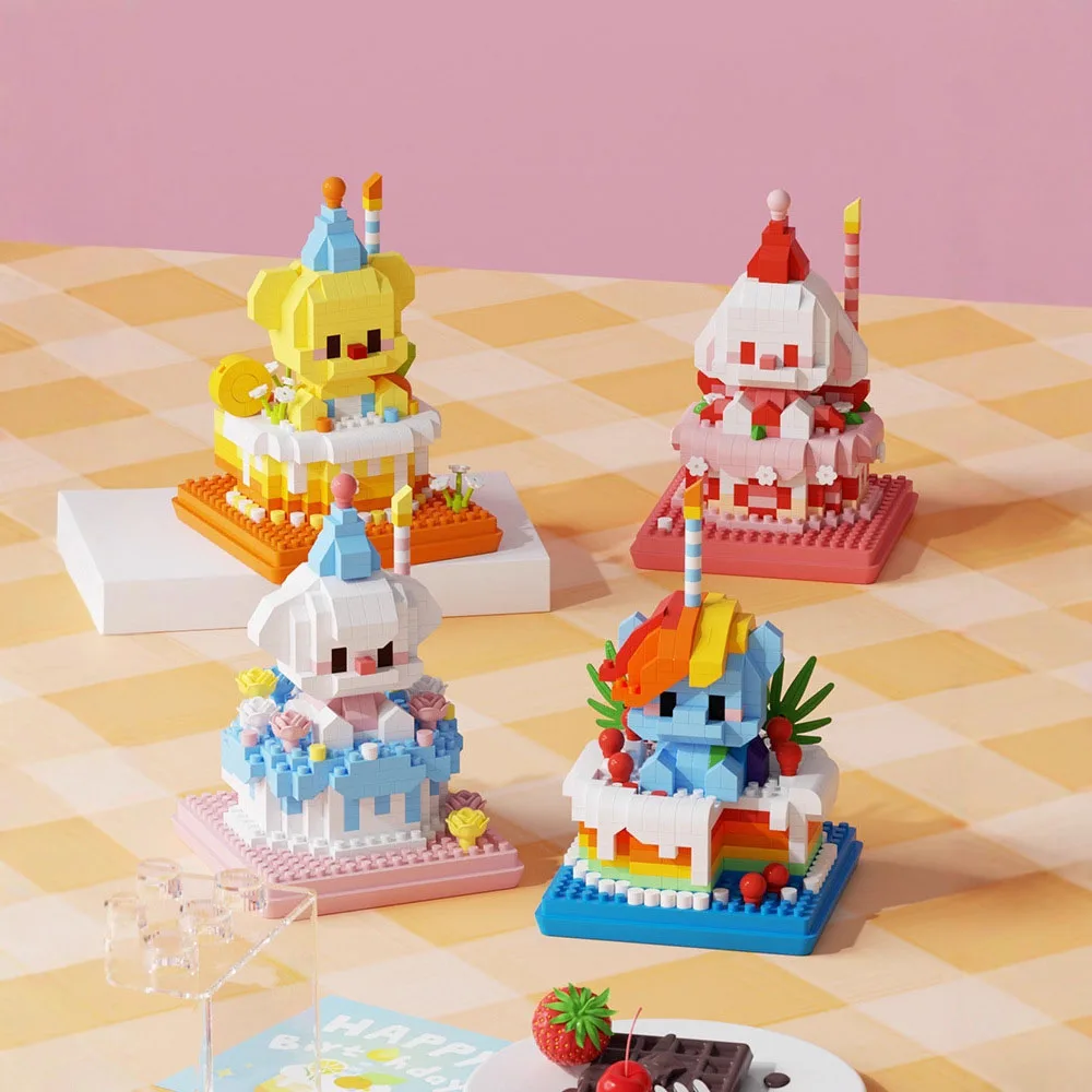 Idea Cartoon Micro Diamond Block Happy Brithday Animals Cake Building Brick Construction Toys Nanobrick Collection For Girl Gift