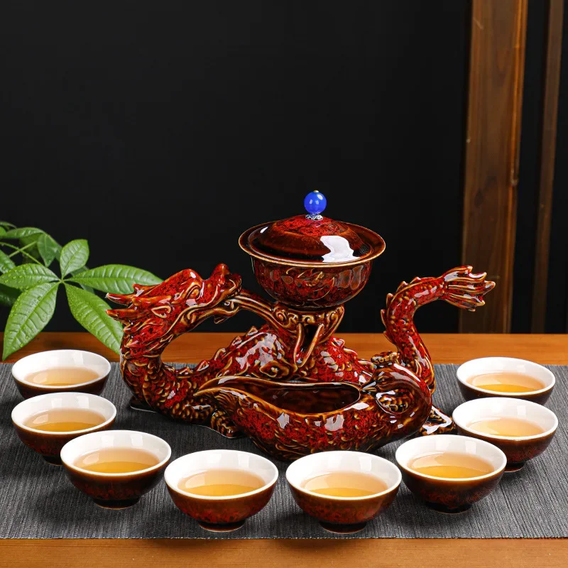 Holiday Gift High-End Kung Fu Travel Teapot and Tea Cup Set, Automatic Tea Set, Chinese Dragon, Bone China