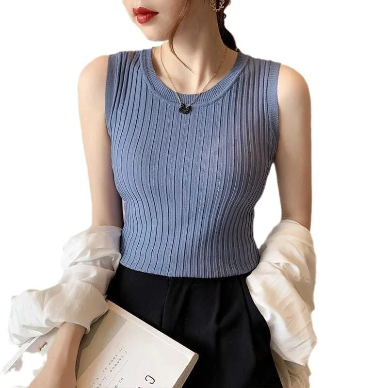 Summer Women's Ice Silk Knitted Vest round Ne Svel Base Layer Slimming Versatile Outerwear  Color Commute Sle