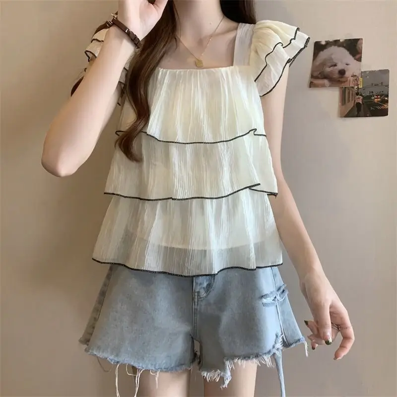 Women Trendy Ruffle Sweet Chic Blouse Summer Square Collar Short Sleeve Shirts Korean Style Casual Street Tops Y2K Ropa De Mujer