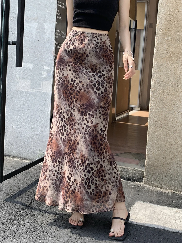 Spring Autumn Golden Chiffon Leopard Print Half Skirt Elegant Slim Fit Versatile Bodycon Mermaid Long Skirts For Women