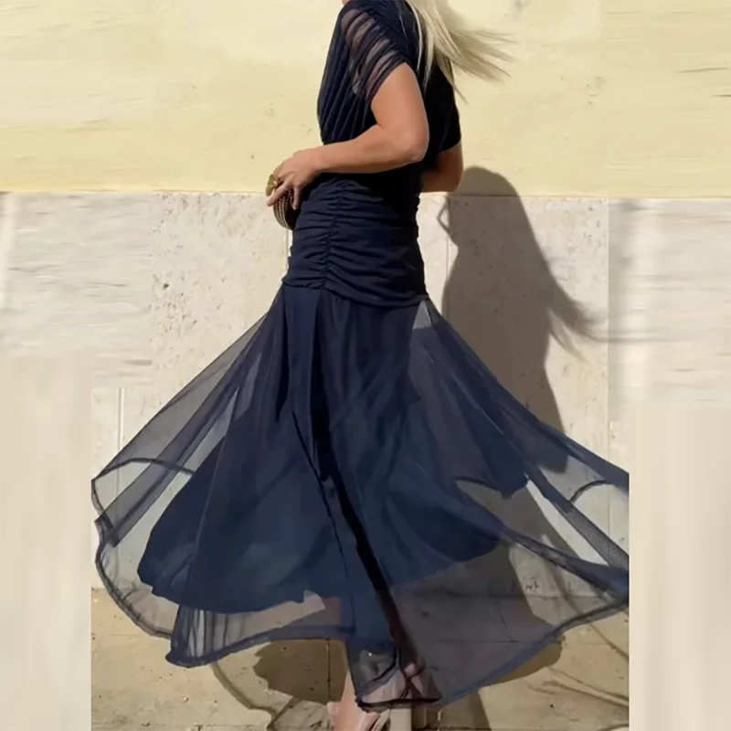 Summer Backless Hollow Boho Dress Womens Sexy Chest Wrapping Mesh Draped Party Dress Spring Solid High Waist Slim Hem Long Dress