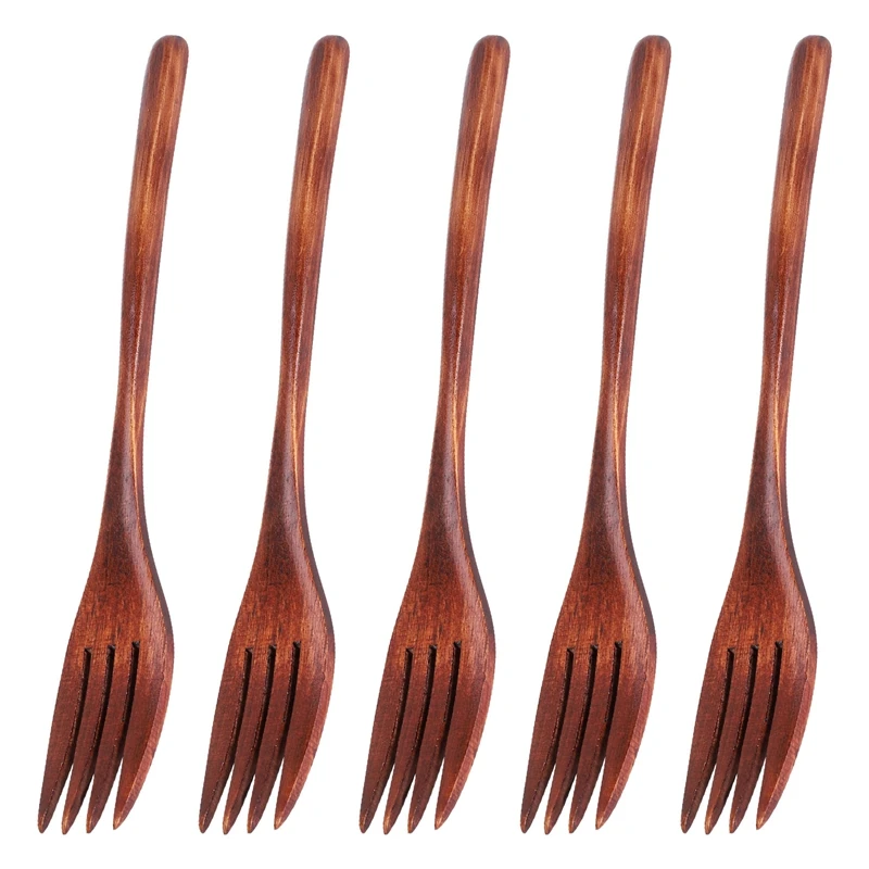 Wooden Forks, 5 Pieces Eco-Friendly Japanese Wood Salad Dinner Fork Tableware Dinnerware for Kids Adult (5 Pieces No Rope Wooden