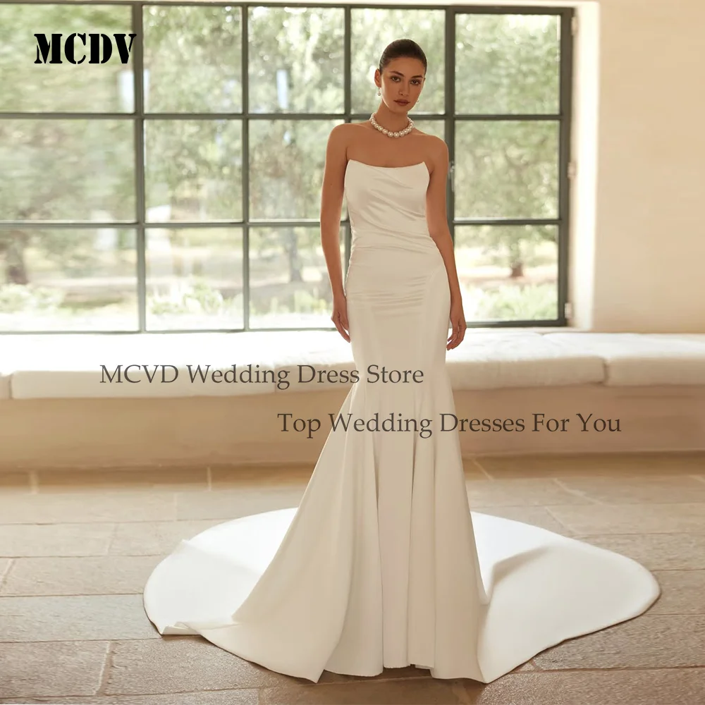 

MCDV Mermaid Wedding Dresses Bridal Strapless Button Back vestidos de novias Elegant Satin Bride Gowns For Women Customized