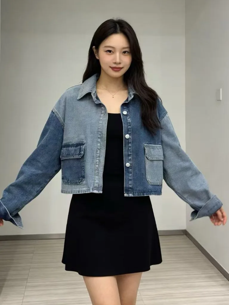 

Washed Denim Jacket Women's Loose Short Design Sense Match Color Splicing Jacket Casual Style Long Sleeve Cotton Coat