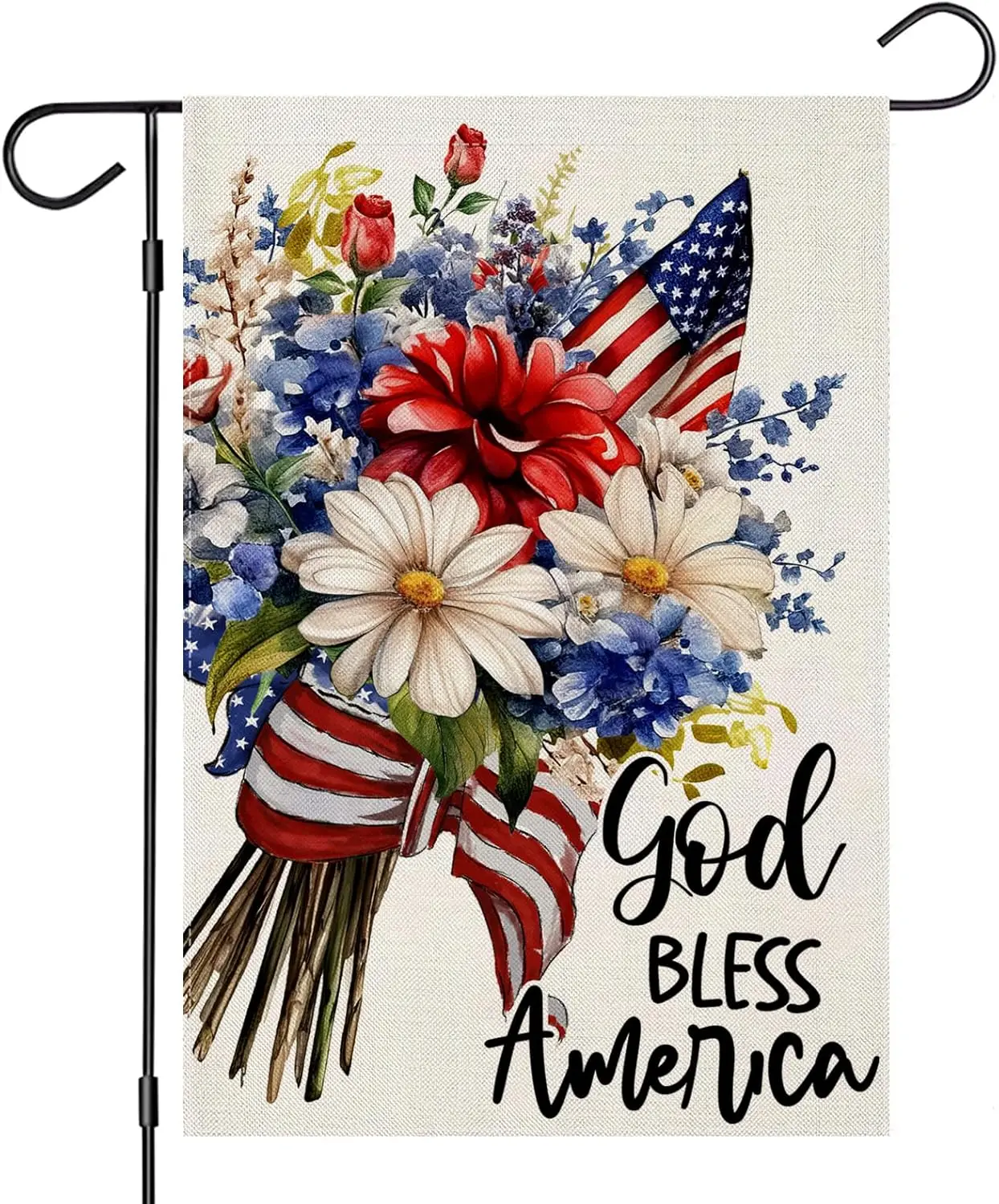 4th of July Garden Flags 12x18 Inch Double Sided, Watercolor Patriotic Flowers GOD BLESS AMERICA Small Summer Decoration for yyi