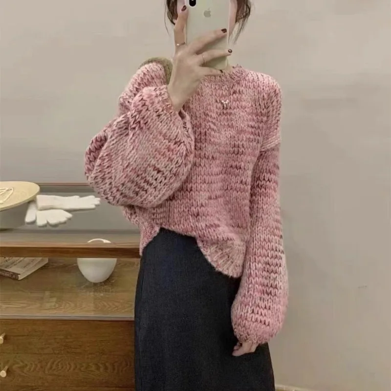 Women\'s Autumn Winter Pullover Round Neck Screw Thread Solid Lantern Long Sleeve Sweater Knitted Fashion Casual Elegan Tops