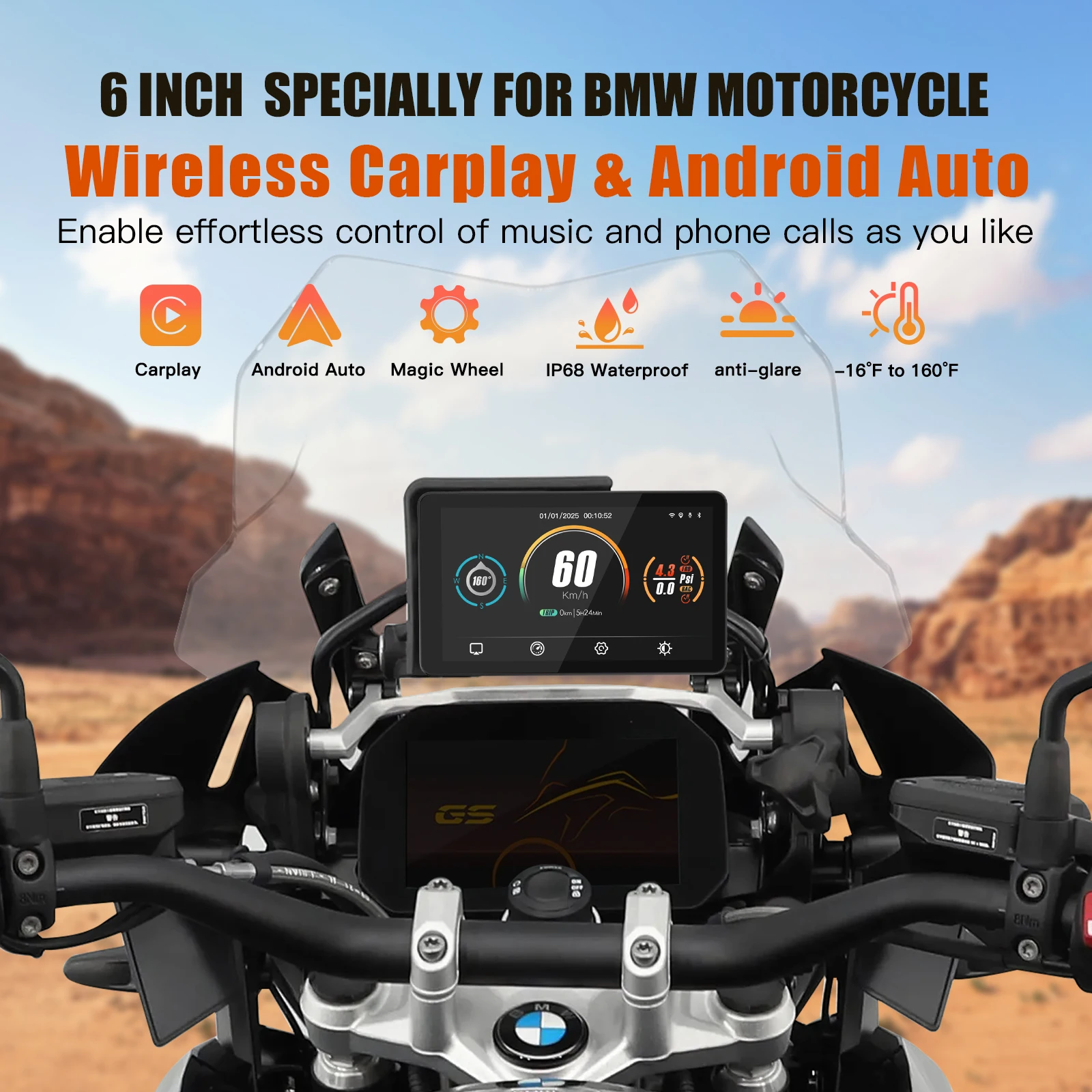 For BMW Motorcycle Portable GPS Navigation Wireless CarPlay Android auto 6-inch IPX8 Navigator 1200 1250 1300 GS ADV  F800 F850