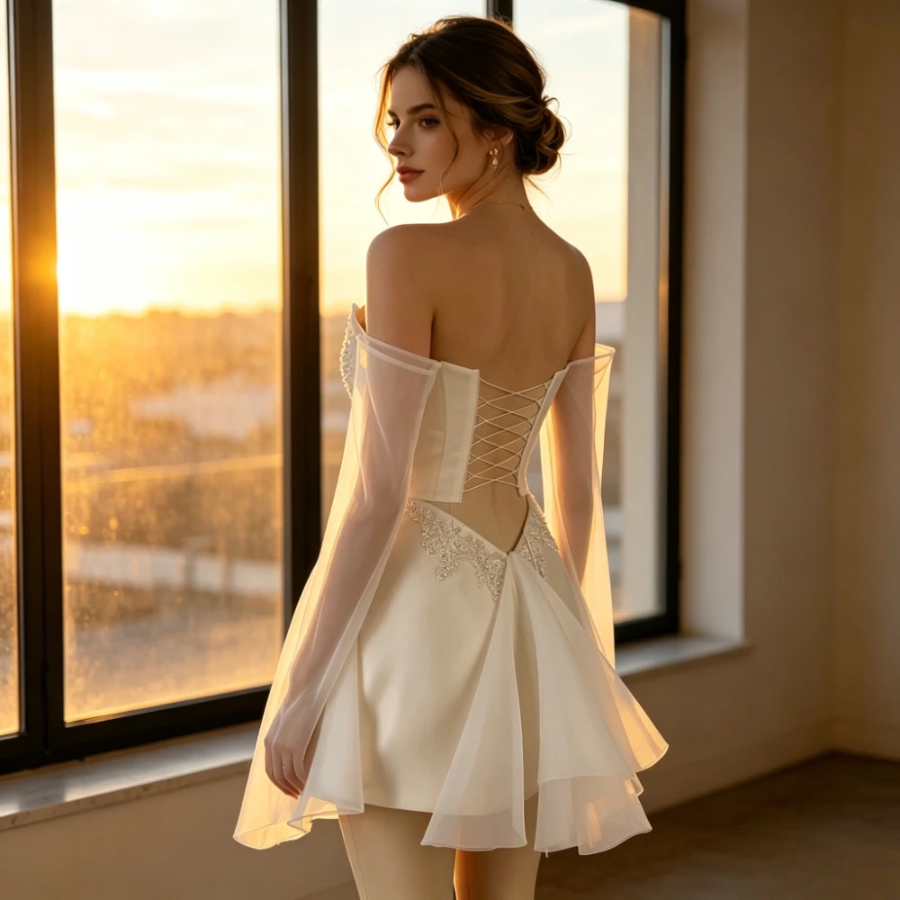 Customized Satin Strapless Mini Wedding Dresses 2026 White Shoulder Style Chiffon Flowing Sleeves Lace Decal Tied Bridal Gown