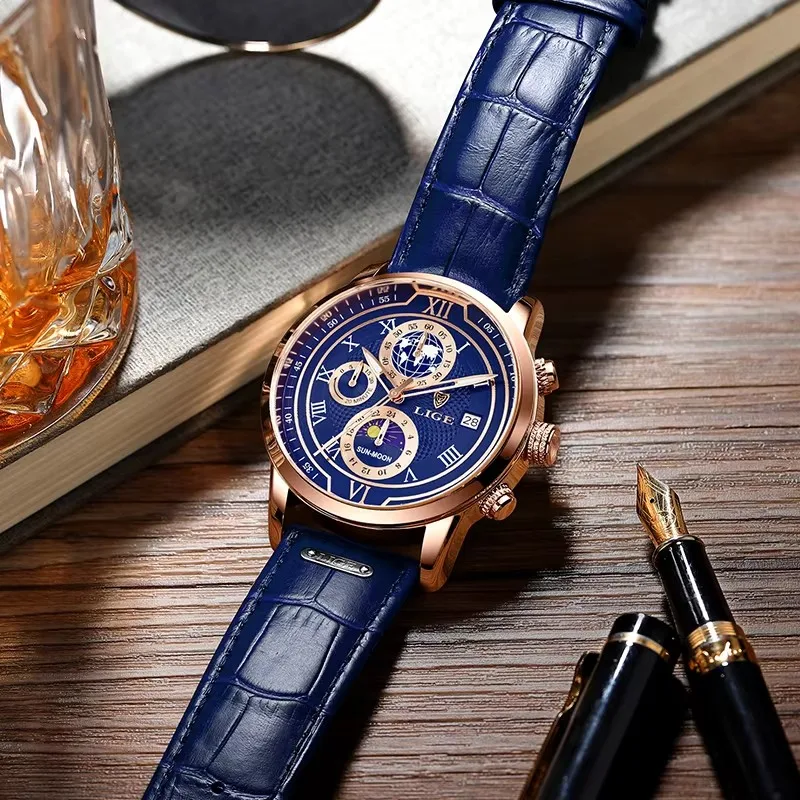 LIGE Orologi da uomo Orologio da uomo in pelle blu di lusso delle migliori marche per uomo Cronografo militare al quarzo impermeabile Montre Homme + scatola