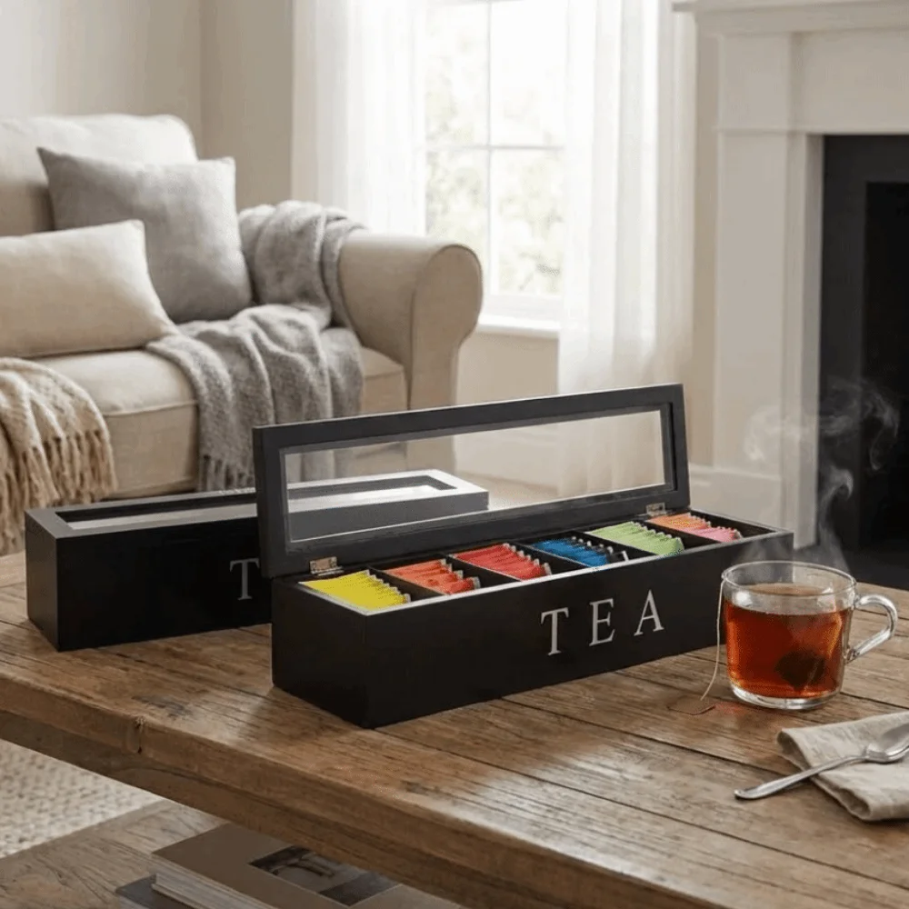 

Wooden Tea Bag Storage Box Clear Window Large Capacity Coffee Capsule Storage Box Dust-proof Flip Style