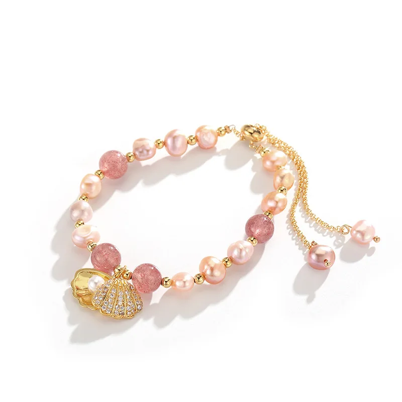 100 % rosa Süßwasserperle und Erdbeerquarz, trendiges Muschel-Design, 14 Karat Gold gefüllt, weibliche Charm-Armbänder für Frauen, Geschenke – Detail 6
