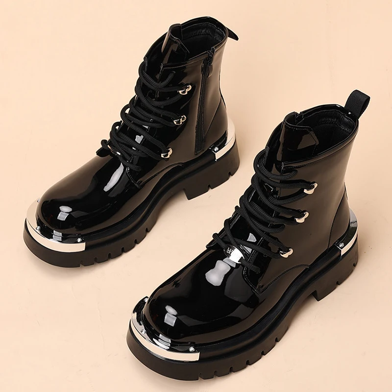 men fashion punk stage high motorcycle boots patent leather shoes cowboy platform boot black designer handsome ankle botas male