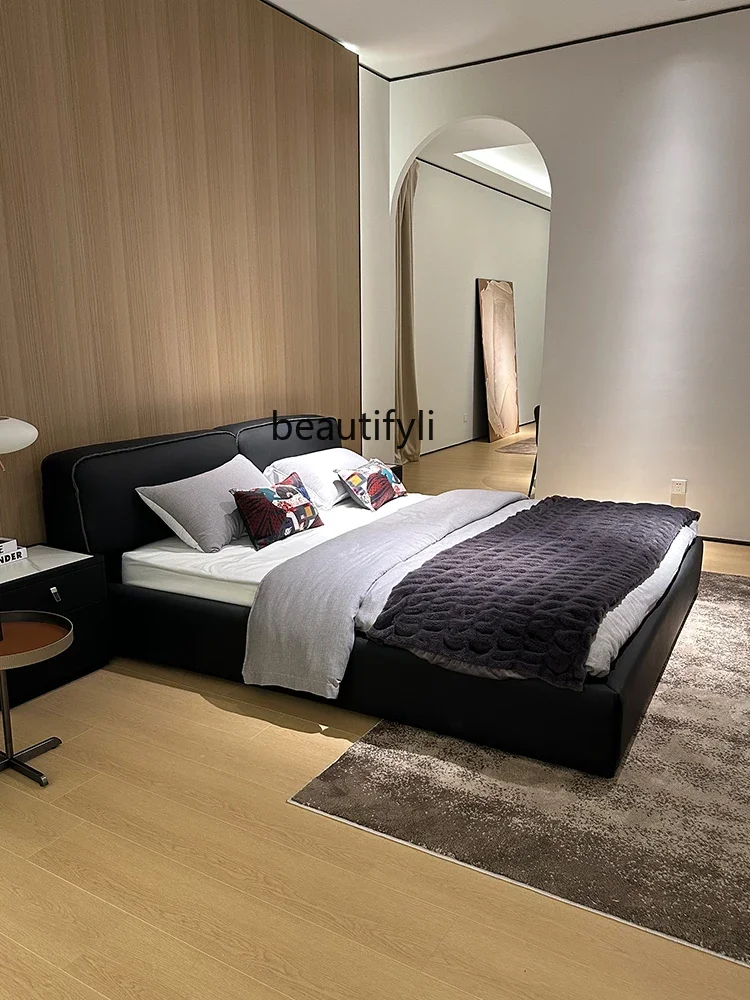 Modern Light Luxury Simple First Layer Cowhide Bed Soft Bag Master Bedroom Double Bed Marriage Bed Italian Minimalist Designer