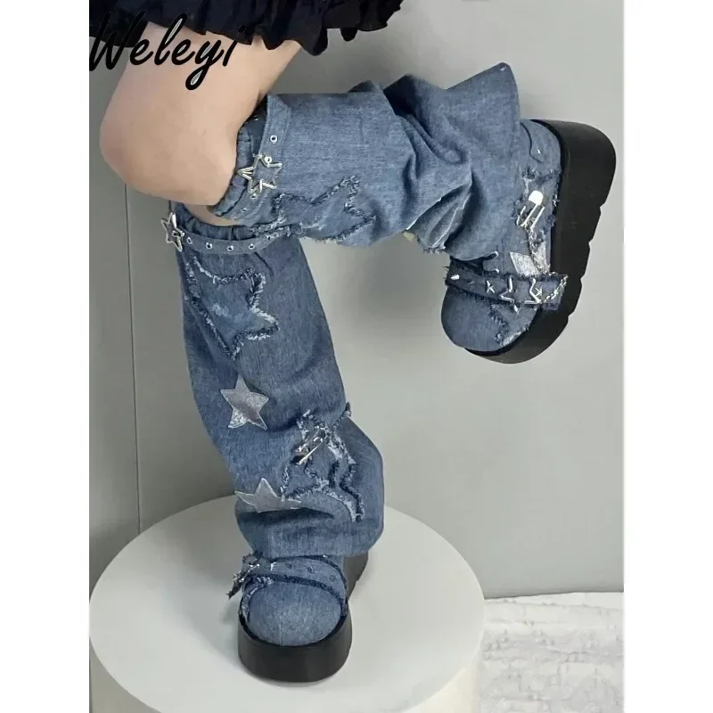 Y2k Japanese Style Girl Black Denim Leg Cover 2024 Spring New Harajuku Woman Gtring Cross Feel Boot Cover Horn Sock Cover Trendy