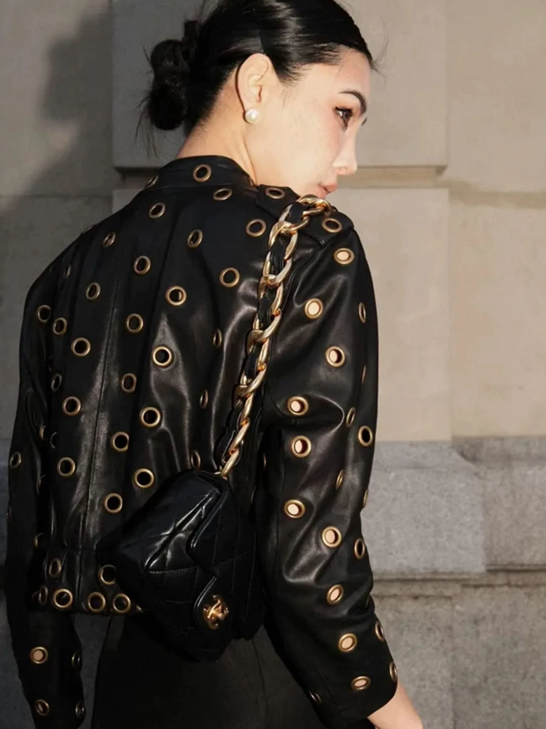 High-Quality Hollow out Biker Leather Jacket Women's Design Sensation Short Cardigan Trendy Street Style Commute Fashion