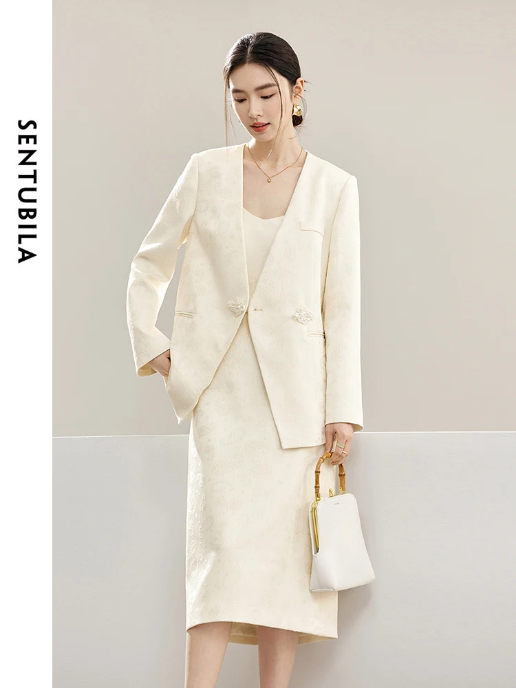 SENTUBILA Elegant Jacquard Blazer and Skirt 2 Piece Set Women Outfit 2024 V-neck Chinese Button Jacket Skirt Suit 141Z53315