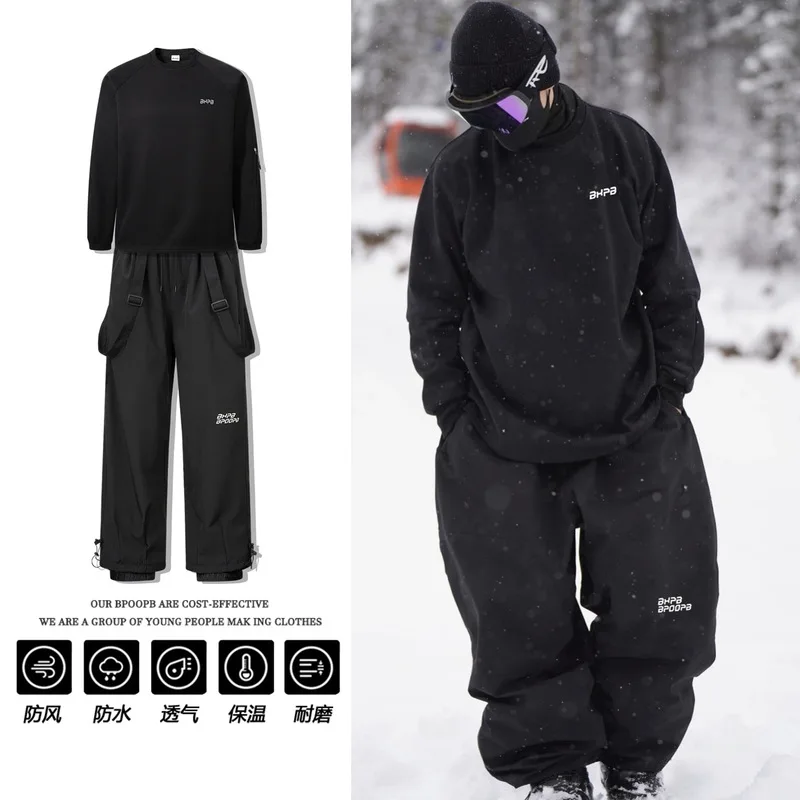 Winter fleece-lined detachable strap ski pants men and women, outdoor snowboard waterproof and warm