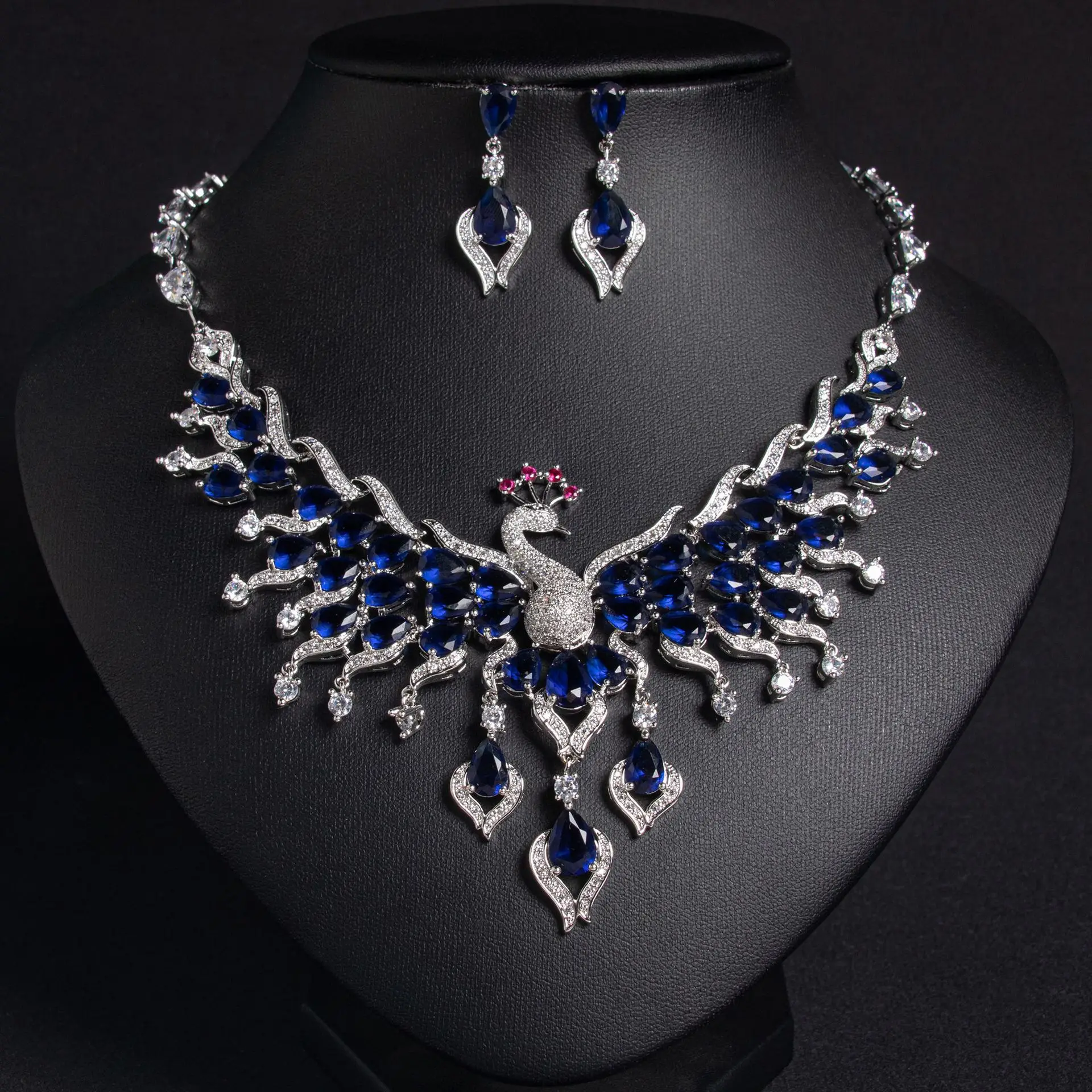 Light Luxury Peacock Shaped Multi-colour Jewellery Women's Set Necklace Earrings 2 Pcs Wedding Travel Banquet Gift M-596