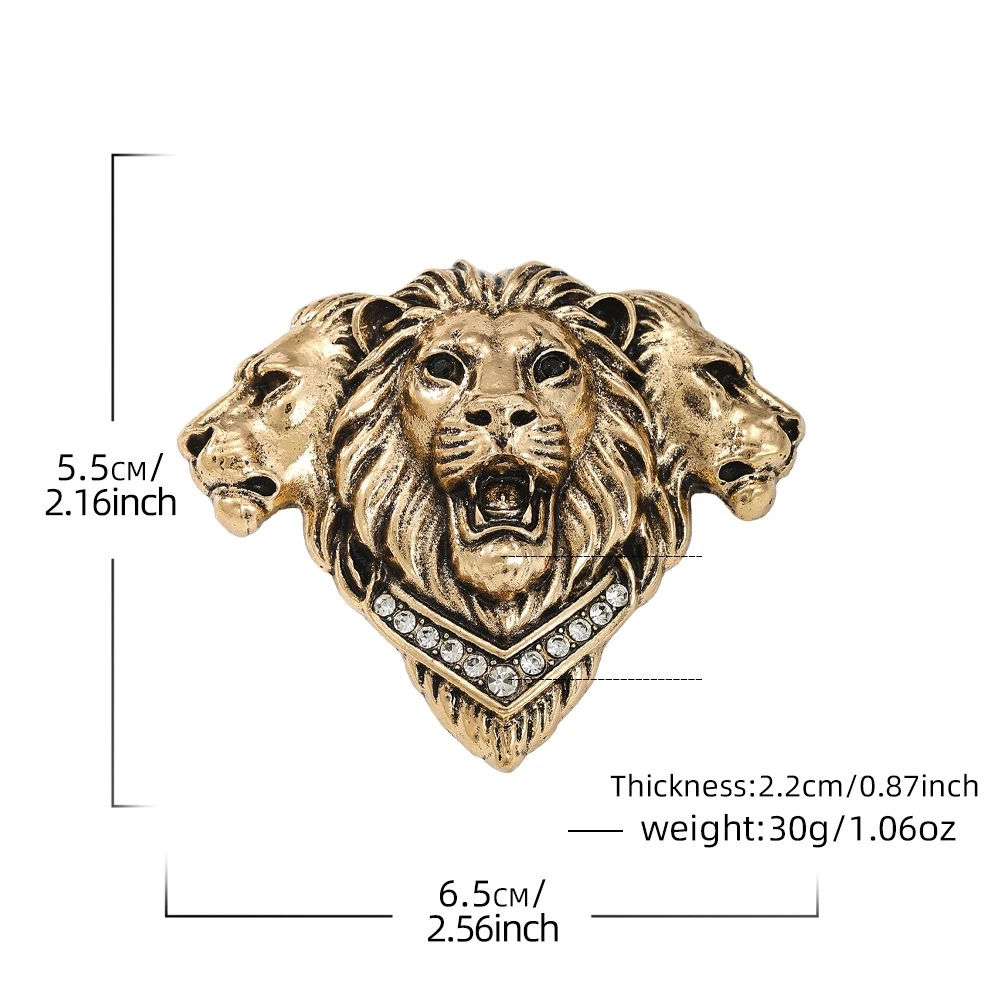 Vintage Triple Lion Head Brooch Imitation Pearl Lapel Pin Retro Ferocious Beast Badge Men Suit Coat Gothic Accessory Decoration