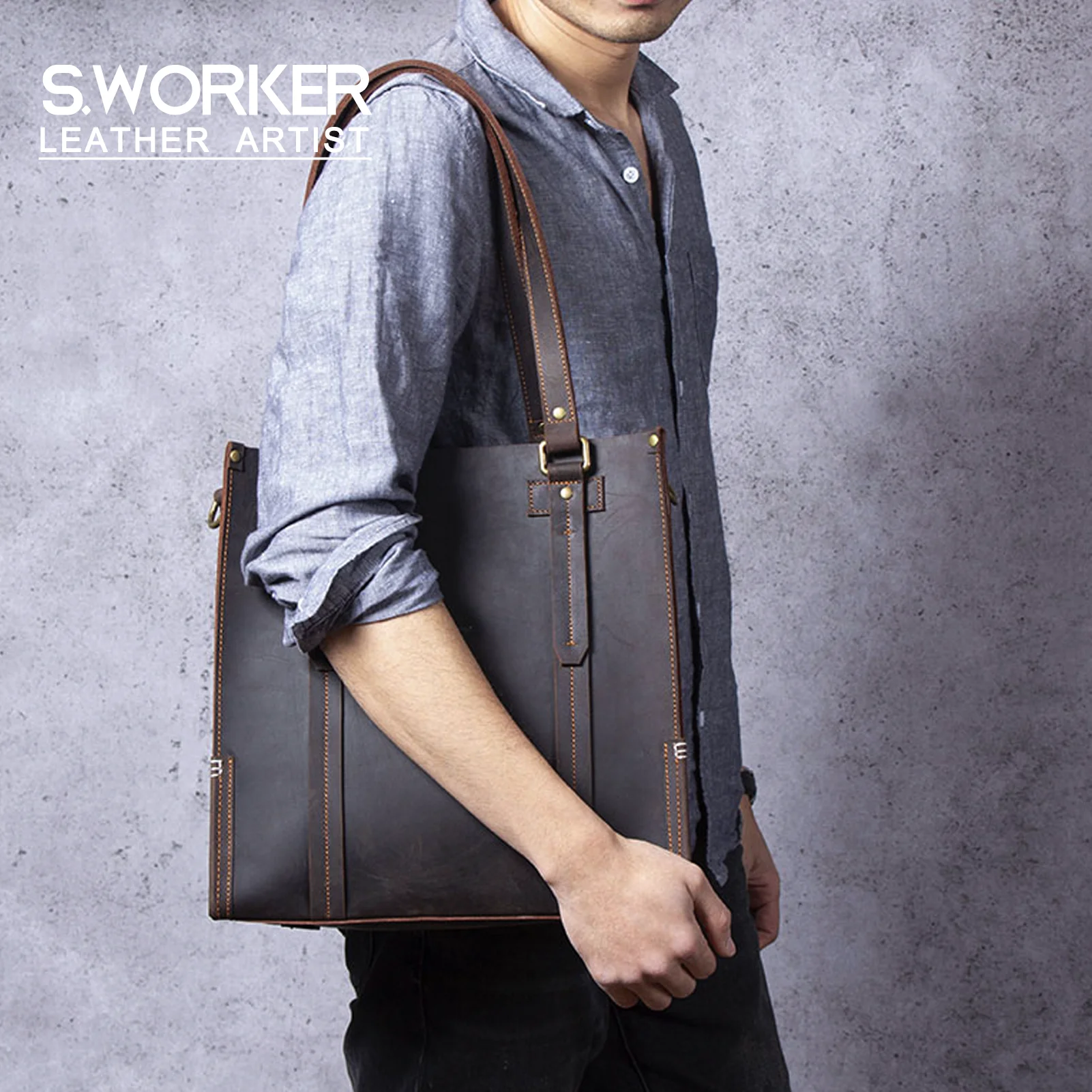 S.WORKER Vintage Echtleder Herren-Handtasche Rindsleder Aktentasche Schultertasche Handgefertigte Tragetasche 2020 NEU Crazy-Horse-Leder – Detail 2