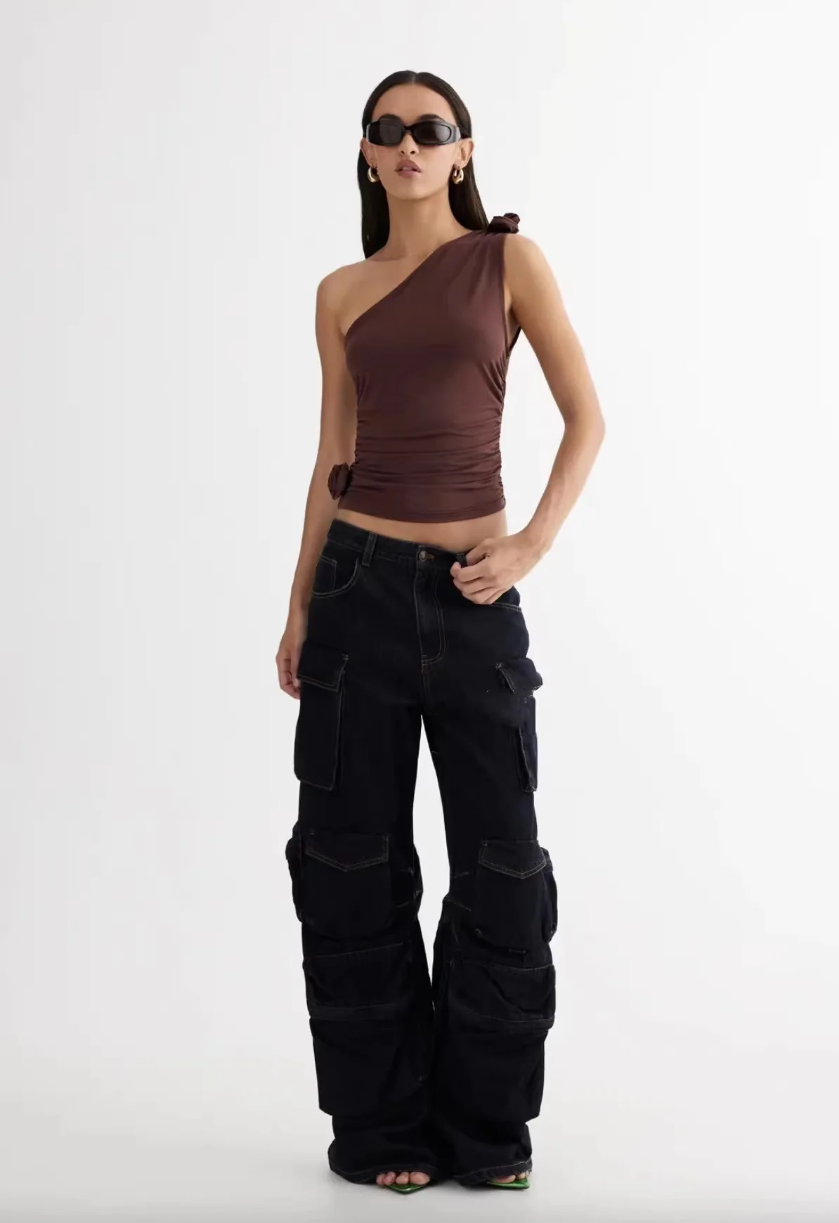 

Low-Waist Multi-ket Workwear Denim Pants American Retro Sle Hot-Looking Girl Casual Trousers for Women Polyester 00%