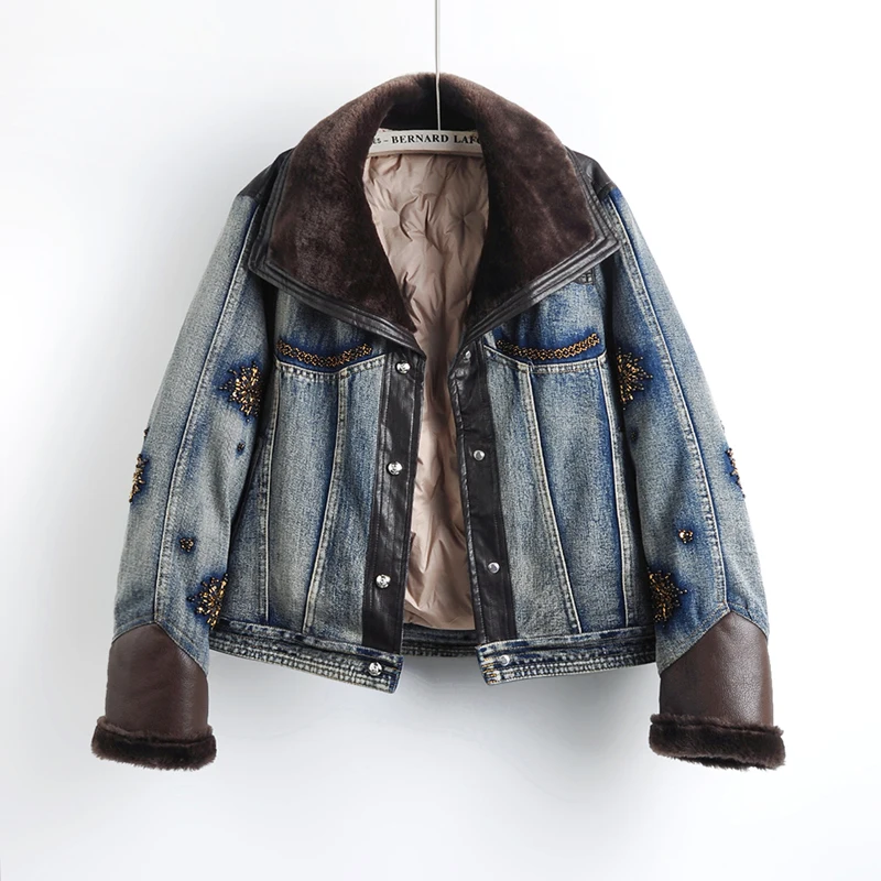 Winter Thick Warm Down Liner Denim Jacket Coat Women Cowboy Outerwear Vintage Loose Short Beading Spliced PU Jeans Jacket Female