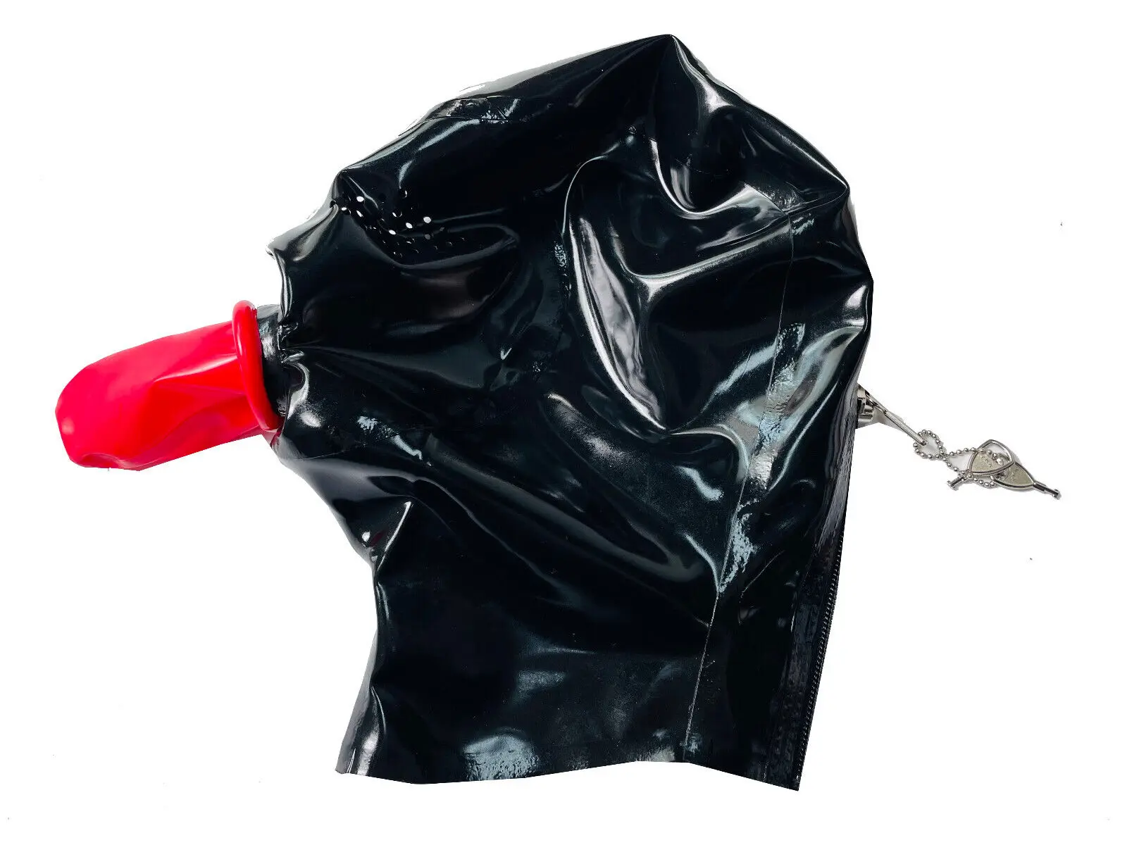 

full cover Latex mask hood 3cm nose tube red mouth sheath mesh eyes lock zip