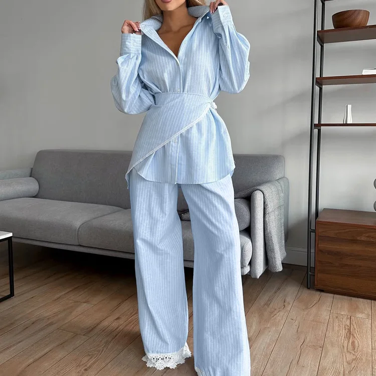 Conjunto informal de piezas de camiseta con estampado de rayas para mujer, cuello largo con ribete de encaje, pantalones de pierna ancha, conjunto Faionable