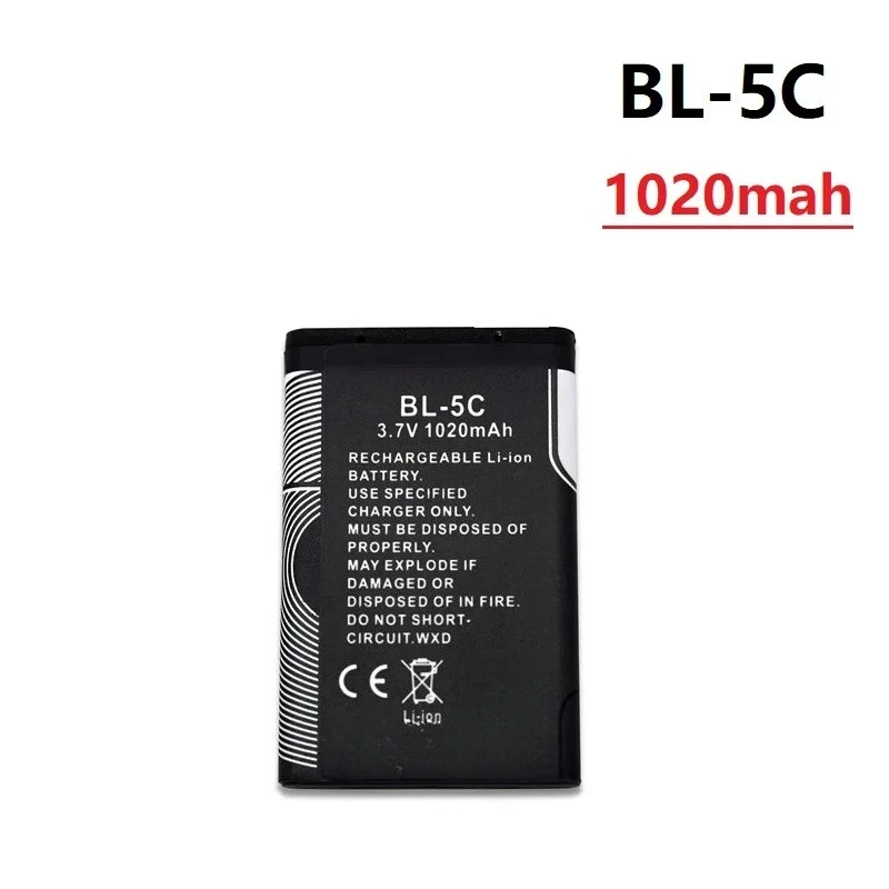 

1 шт. 3,7 В 1020 мАч аккумулятор BL-5C BL5C BL 5C, перезаряжаемые батареи для Nokia 2112 2118 2255 2270 2280 2300 2600 2610 3125 3230