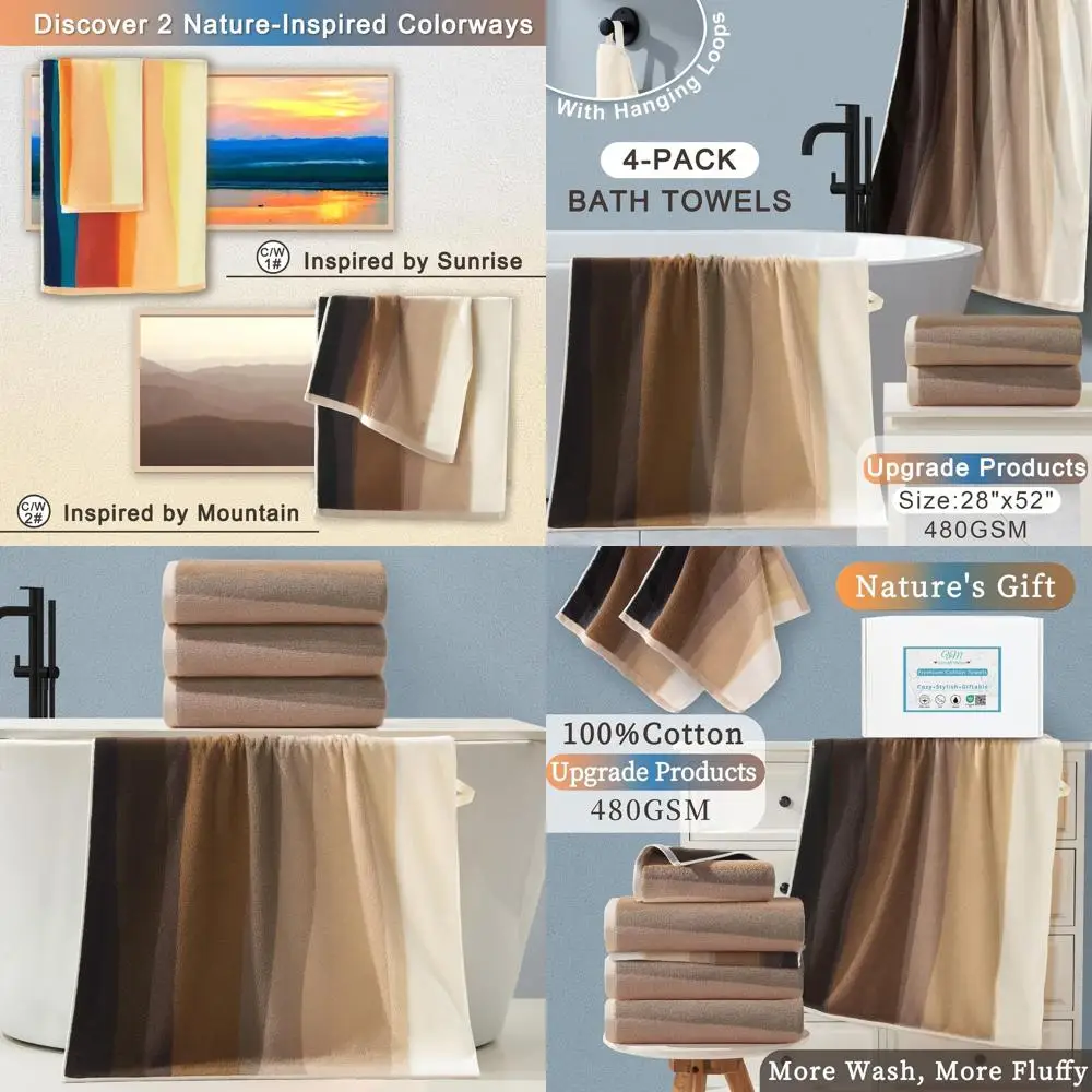 

Set of 4 Cotton Bath Towels - 100% Cotton, 480 GSM, Soft, Absorbent, 28x52, Decorative for Bathroom, Gift Set with Loops, Beige