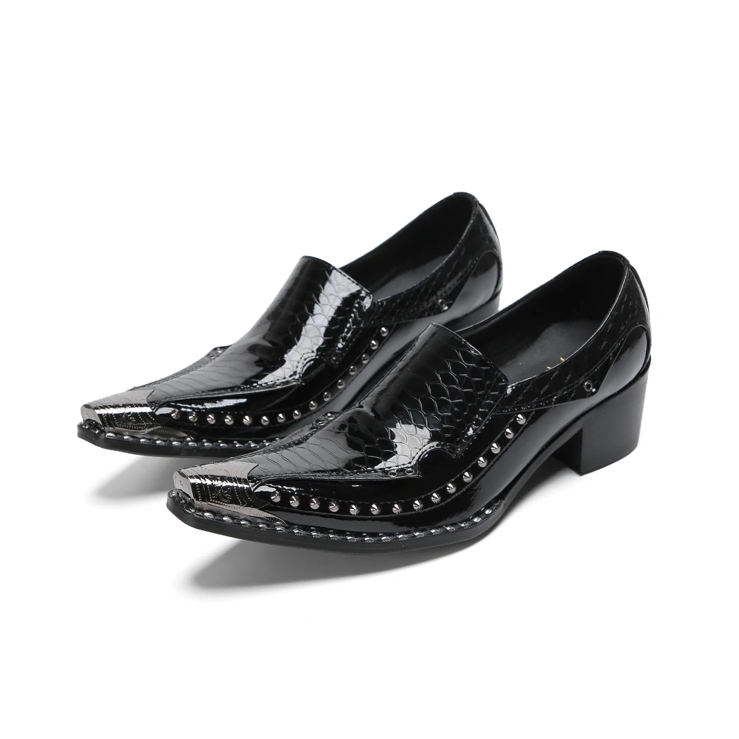 Luxury Gentleman Dress Shoe Black Genuine Cow Leather Studded High Heels Shoes For Man Pointed Toe  Men Formal Slip On Oxfords