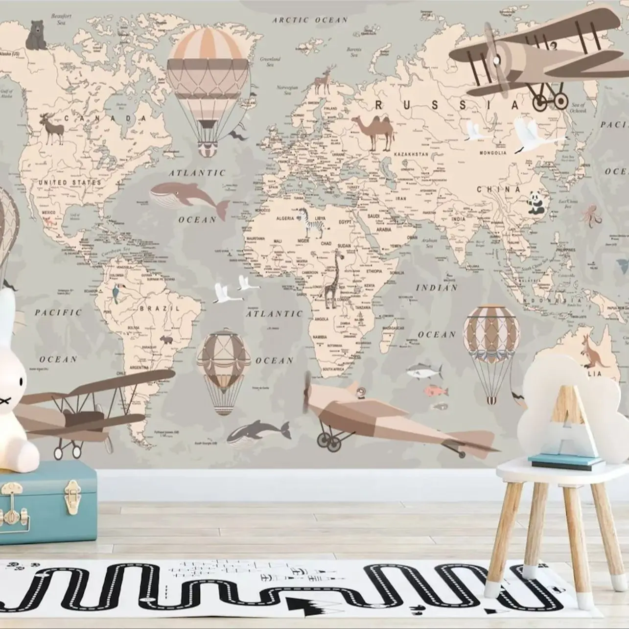World Map Regular Wall Mural , Kids Map With Animal Map Wallpaper, Nursery Wall Art Wall Paper ,Traditional Un-paste Large Mural