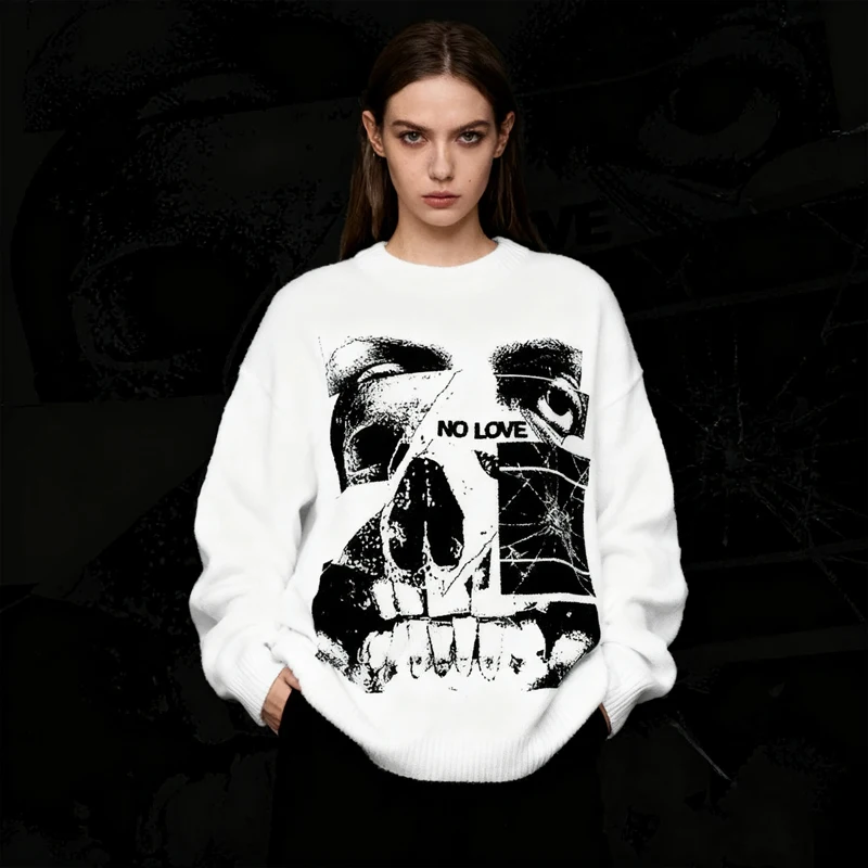 

NO LOVE' Свитер с рисунком скелетного глаза, нейтральный готический темный уличный костюм, очень большой вязаный джемпер, осенне-зимний повседневный топ '