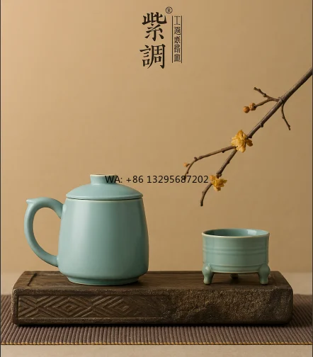 

Лидер продаж Ru Kiln зеленый керамический чайник набор чашек для сохранения здоровья и фарфоровый фильтр китайский чайник