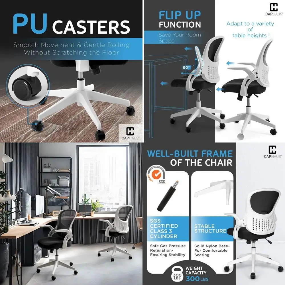 Breathable Mesh Ergonomic Swivel Chair with Flip-Up Backrest, Adjustable Height, Lumbar Support, and Rolling Wheels for Home Off