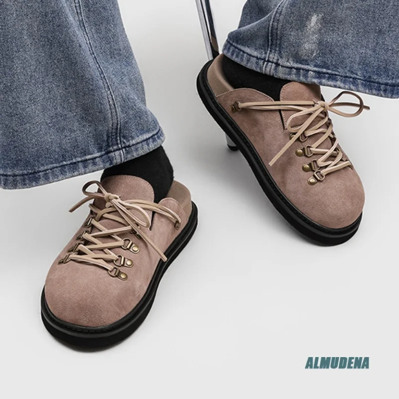 Round Toe Lace-Up Slippers Mule Men's Low-Top Street Style Urban Versatile Casual Fashion Office Shoes 2026 New