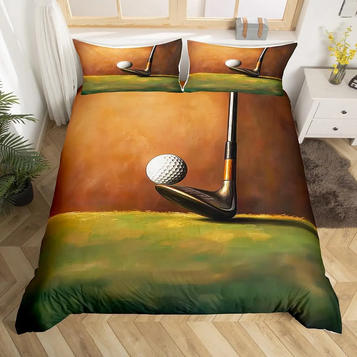 Golf Duvet Cover Set Queen Twin King Size,Golf Course Golf Club Retro Bedding Set, Ball Sports Competition Games Comforter Cover