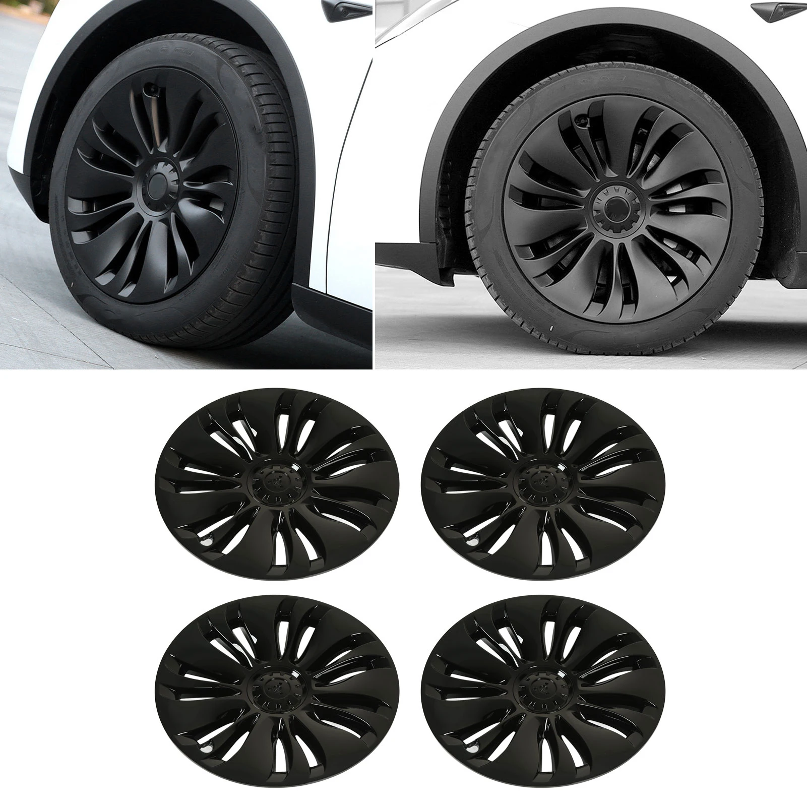 4PCs Wheel Hub Cap 19in Glossy Black High Strength Textured Design Replacement for Tesla Model Y 2020‑2023