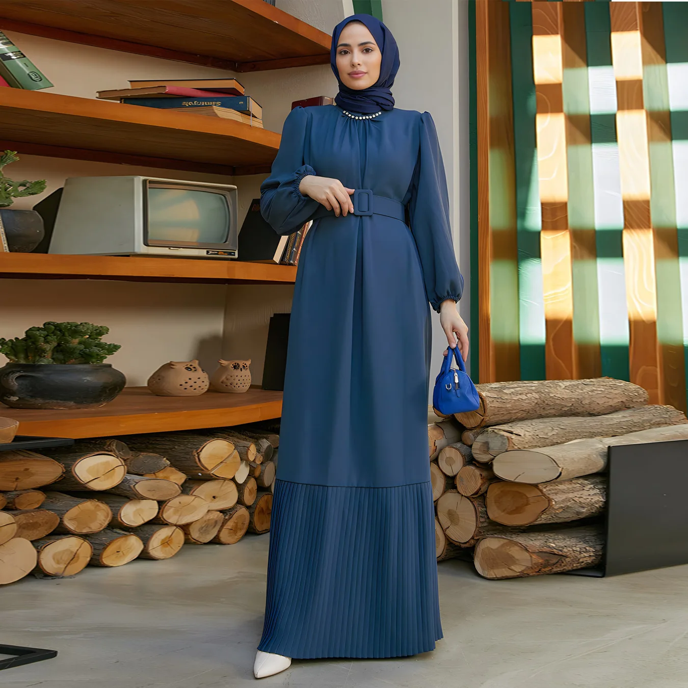 A1457 elegant beaded pleated dress Muslim long dress (without headscarf)