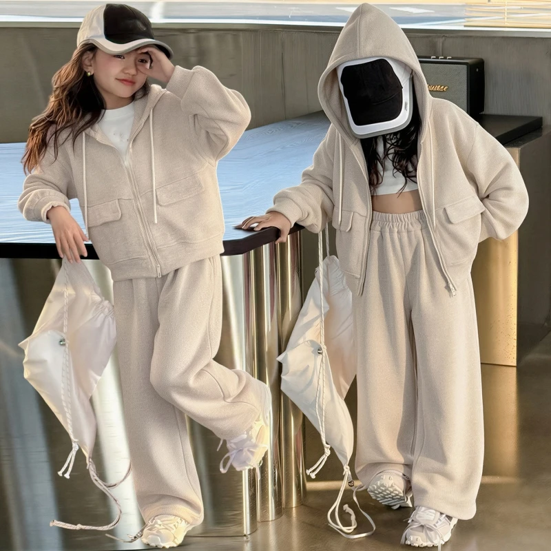 Teen Girls Solid 2‑Piece Outfit Set 6‑16Y Spring Autumn Zip Hoodie Jacket Wide‑Leg Pants Kids Casual Tracksuit Daily Streetwear