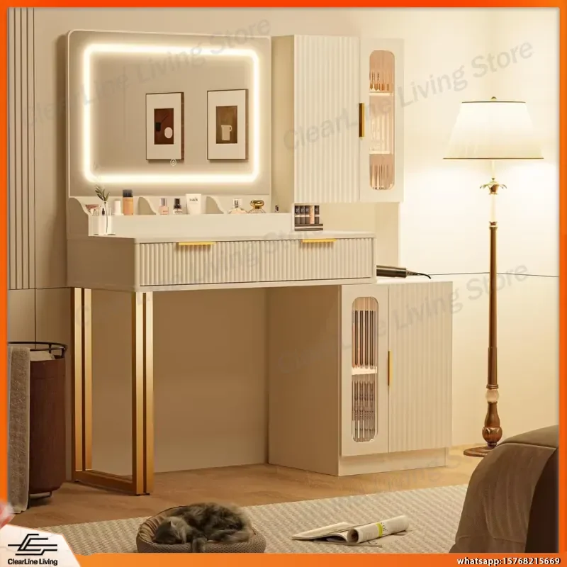 45 Inch Modern Makeup Vanity Desk with LED Mirror Lights 5 Shelves 2 Drawers Cabinet Storage Vanity Table for Bedroom