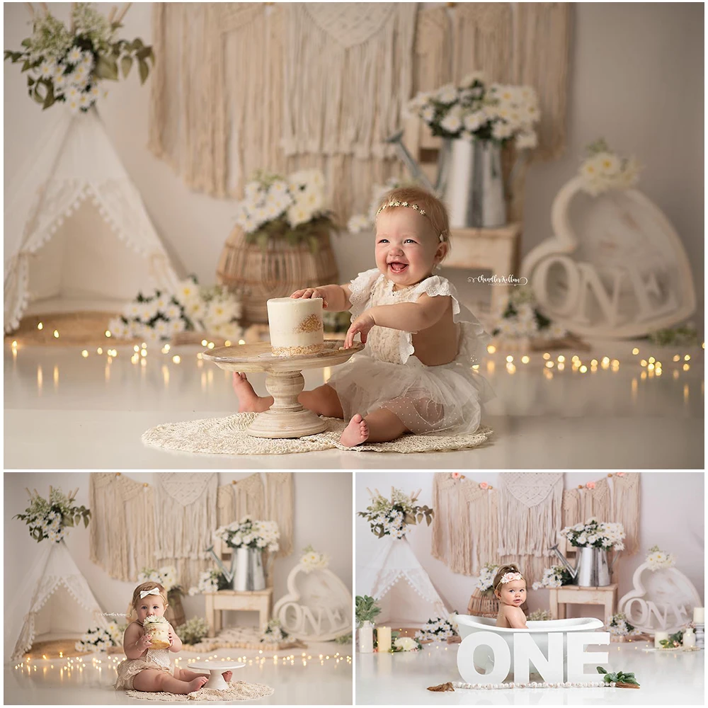 Boheemse Poise Foto Achtergrond Kinderen Verjaardagstaart Smash Fotografie Achtergrond Witte Tent Kwasten Bloemen Fotostudio Props