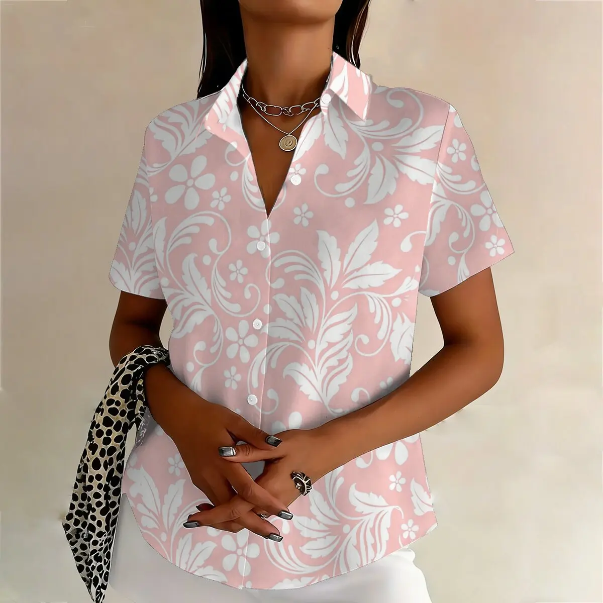 Summer plus-size casual versatile printed short-sleeved shirt for women, loose fit, flattering and comfortable