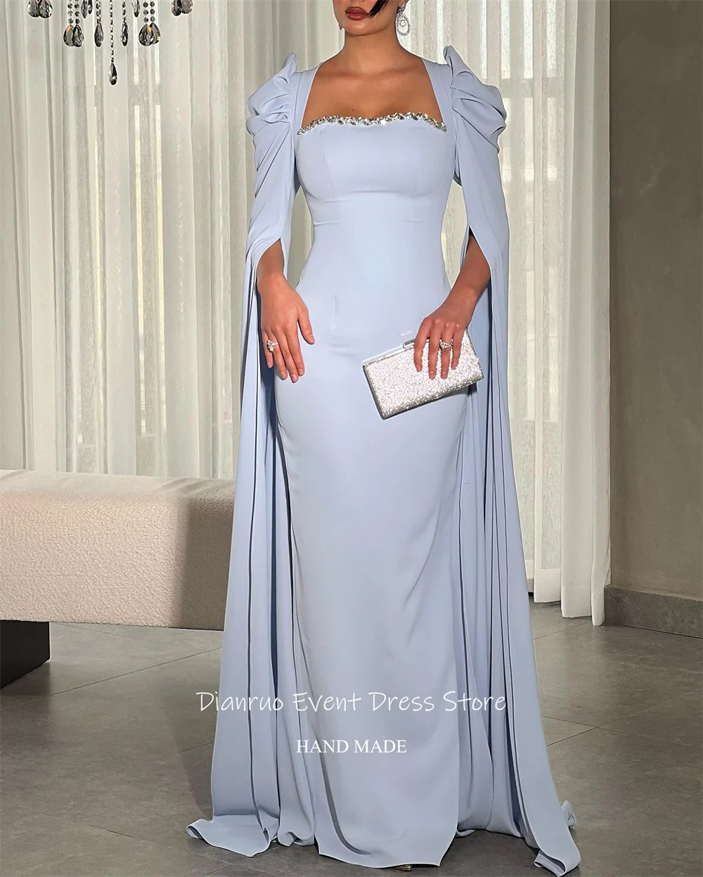 Dianruo サウジアラビアキラキライブニングドレススクエアカラー控えめな فساتين سهرةケープスリーブウエディングドレスカスタマイズ