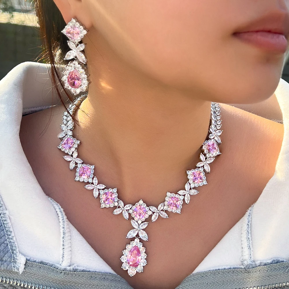 ThreeGraces Luxury Sparkling Pink Water Drop Zirconia Big Flower Bridal Wedding Evening Party Jewelry Set for Women T1092