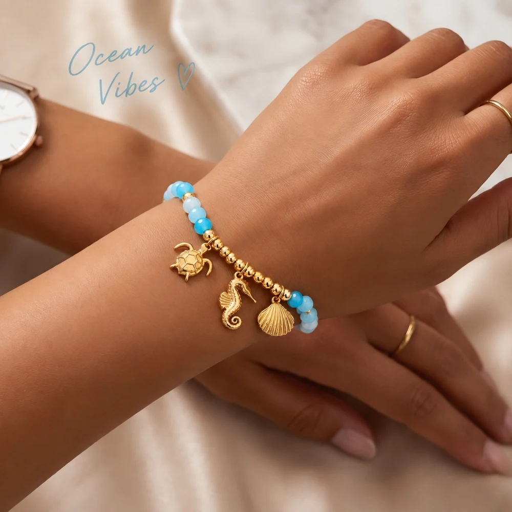 1pc Trendy Ocean Charm Beaded Bracelet with Turtle Seahorse Shell Charms Blue Crystal Beads Stainless Steel for Women