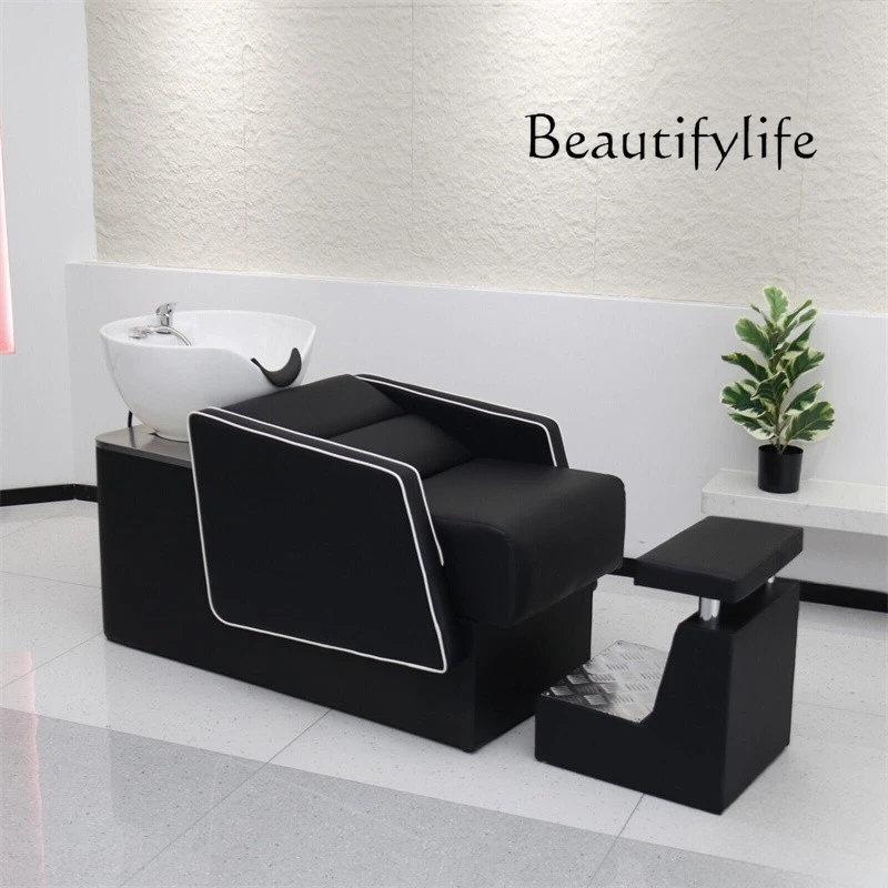 High-End Barber Shop Shampoo Chair Lying Half Flushing Bed Stainless Steel Ceramic Deep Basin Hair Punch Bed