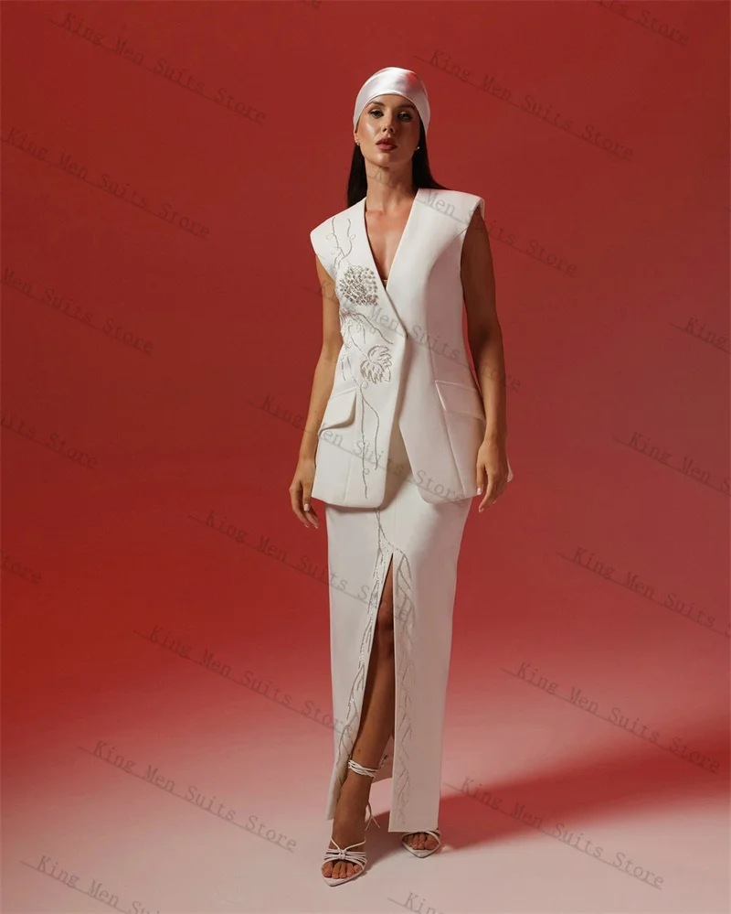 

Pearls Crystals Women Suit Skirt Set 2 Piece Vest+Prom Dress Customized Autumn Formal Office Guest Wedding Tuxedos Waistcoat